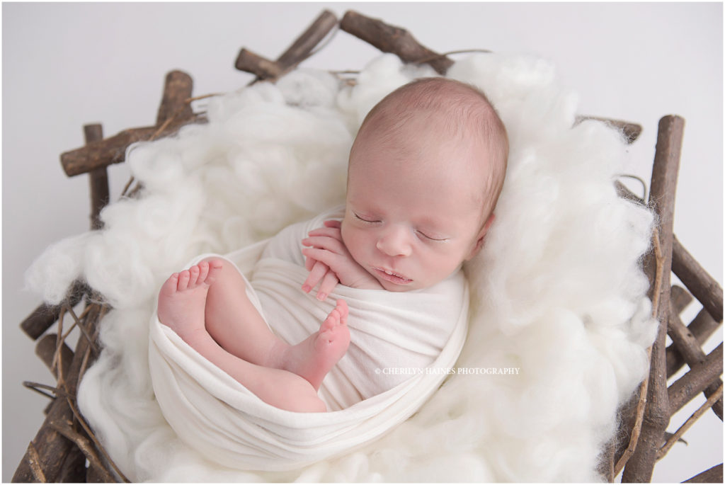 newborn portrait of 13 day old baby boy swaddled in next with while wool fluff