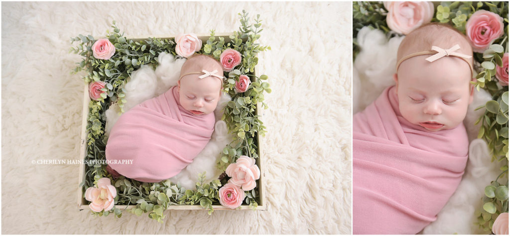 pink and white floral themed newborn portraits by cherilyn haines photography