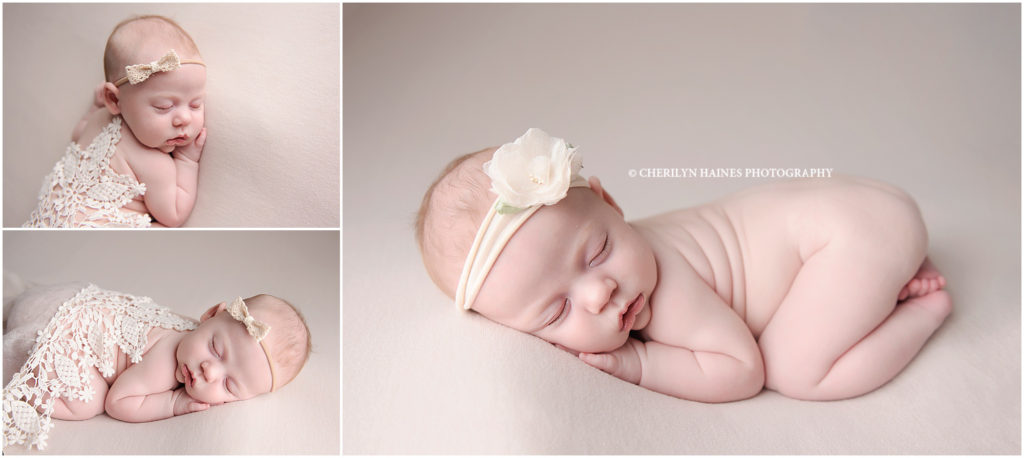 6 week old newborn baby girl in tushie up pose; photograph by cherilyn haines photography
