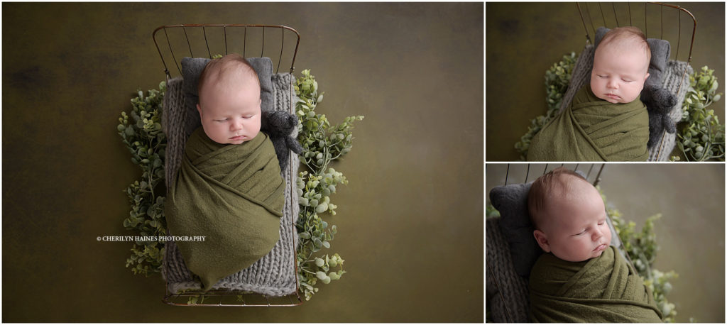 newborn session in baton rouge, Louisiana with cherilyn haines photography; baby boy laying on tiny brass bed with teddy bear
