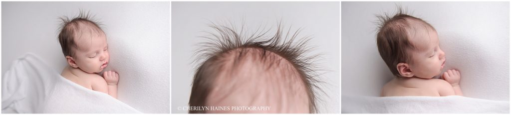 newborn portraits showing off baby's hair sticking up