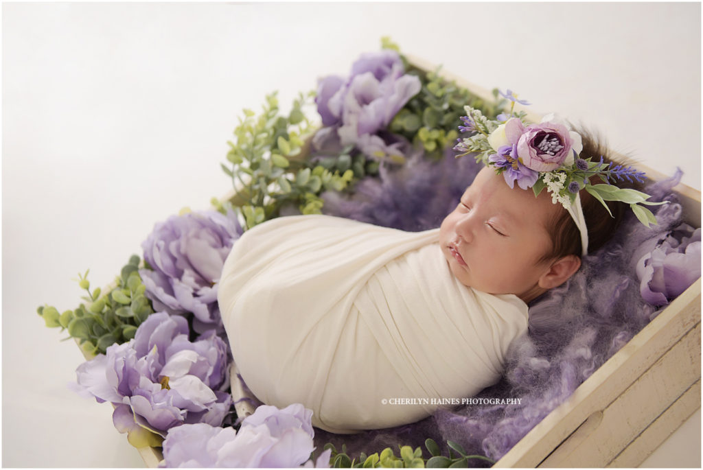 4 week old newborn portraits of baby girl swaddled in white laying in basket with purple blanket and purple flowers