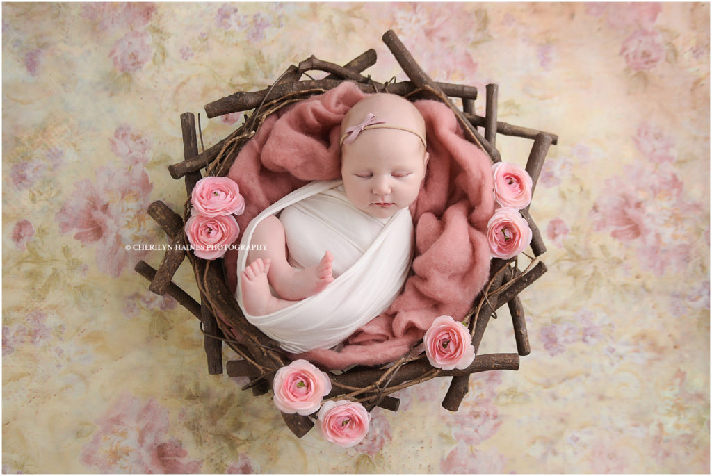 6 week old newborn baby girl photographed swaddled in basket made of twigs; houston, tx and baton rouge, la based newborn photographer