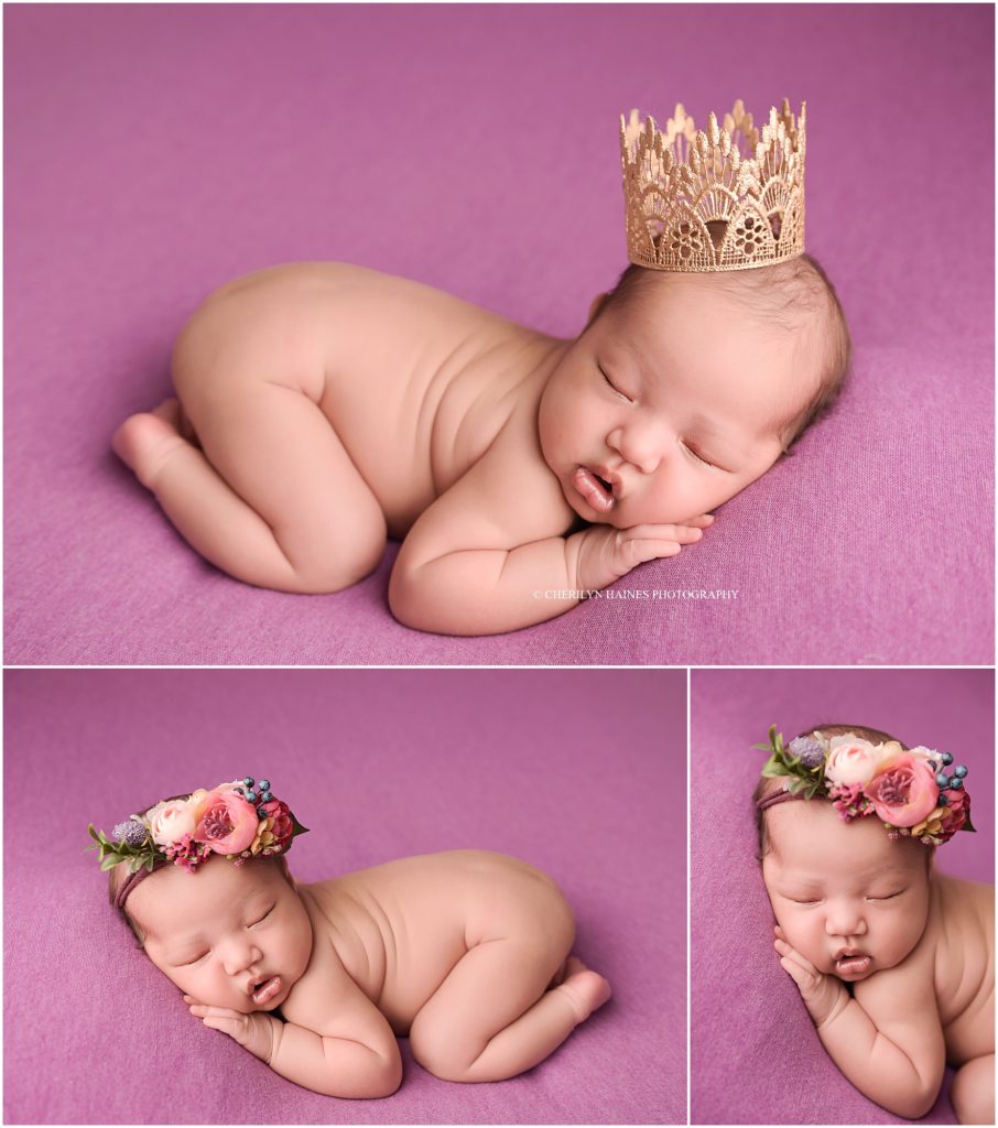 newborn baby girl posed on fuchsia blanket wearing gold tiara and floral tieback