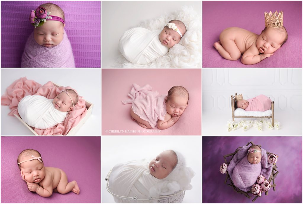 pink and purple themed newborn portrait session incorporating florals and gold accents