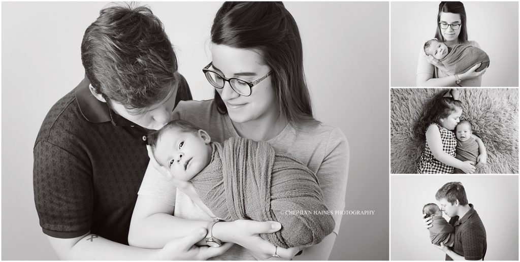 black and white images of newborn baby boy with mom, dad, and big sister
