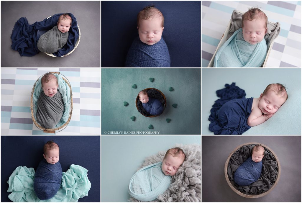 aqua, navy, and gray themed newborn session photographed by Cherilyn Haines Photography