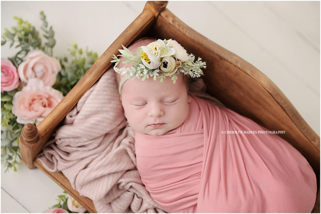 newborn photography session in baton rouge, louisiana with cherilyn haines photography; baby girl photographed with rustic garden theme setup