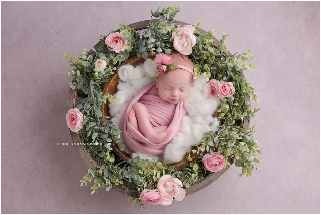 pink rose themed newborn portrait in baton rouge, louisiana