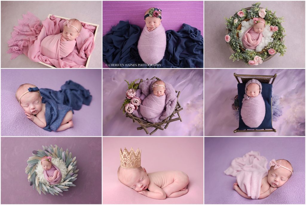 purple, pink, and navy themed newborn portrait session in louisiana with cherilyn haines photography