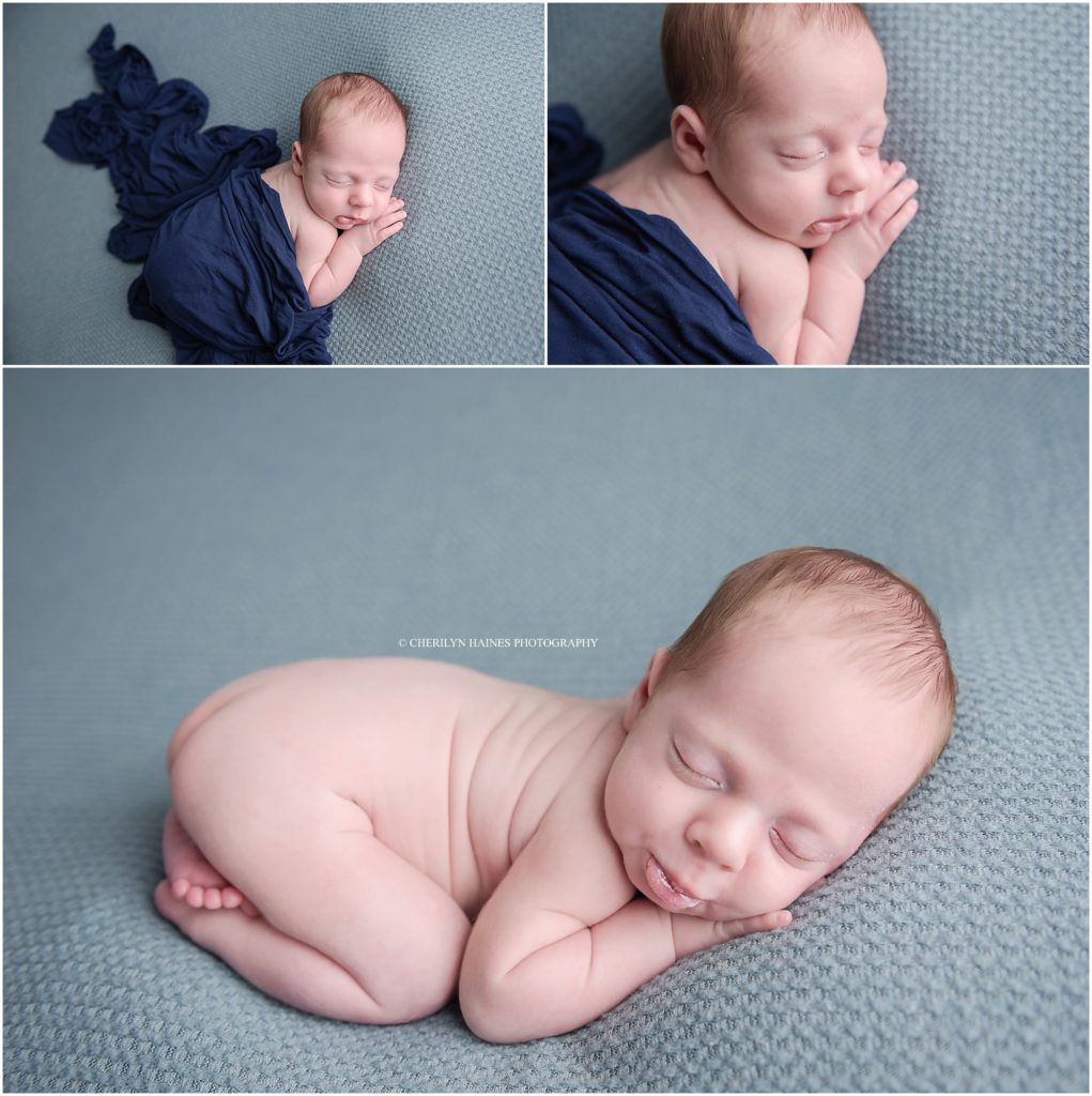 newborn posing; baby photographed in tushie up pose laying on seafoam green blanket