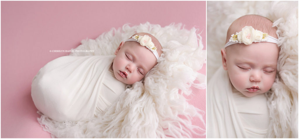 pink and white themed newborn portrait session in new orleans, louisiana