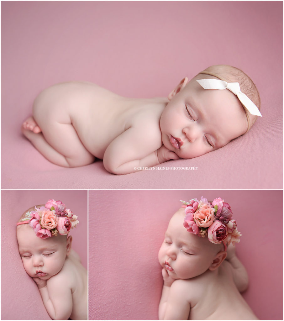 newborn posing with cherilyn haines photography; 2 month old newborn baby girl photographed sleeping on pink blanket