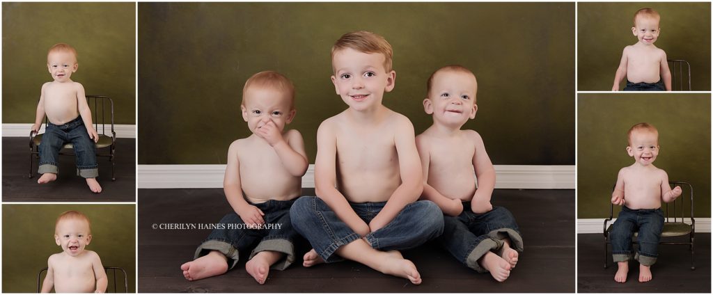 big brother photographed with 1 year old twin brothers