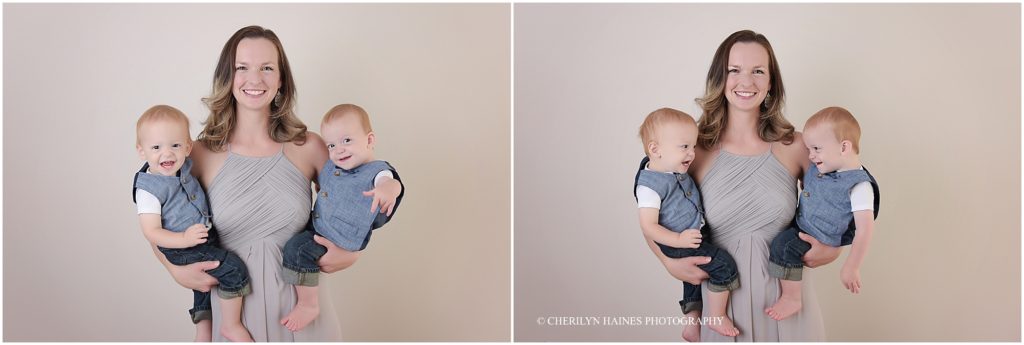 mom photographed with 1 year old twin boys in denham springs, louisiana