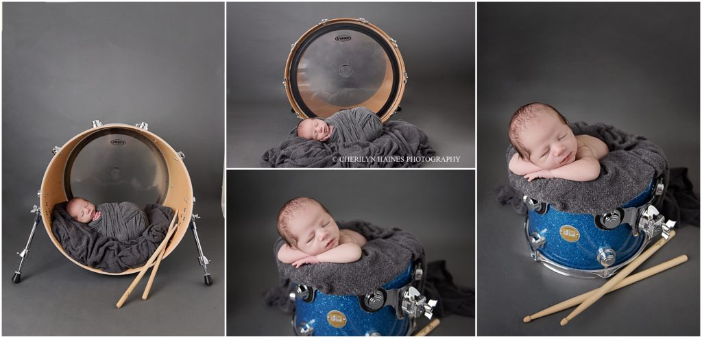 newborn baby boy posed in dad's drums; photographed by cherilyn haines photography in louisiana