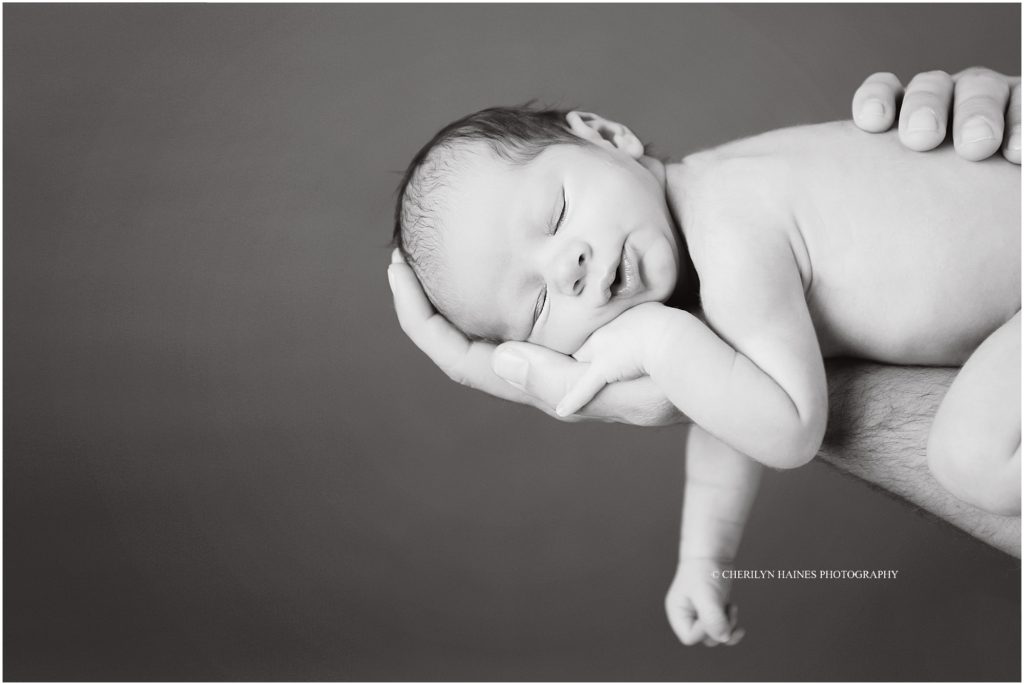 black and white portrait of newborn baby boy hanging in dad's hands; baton rouge newborns