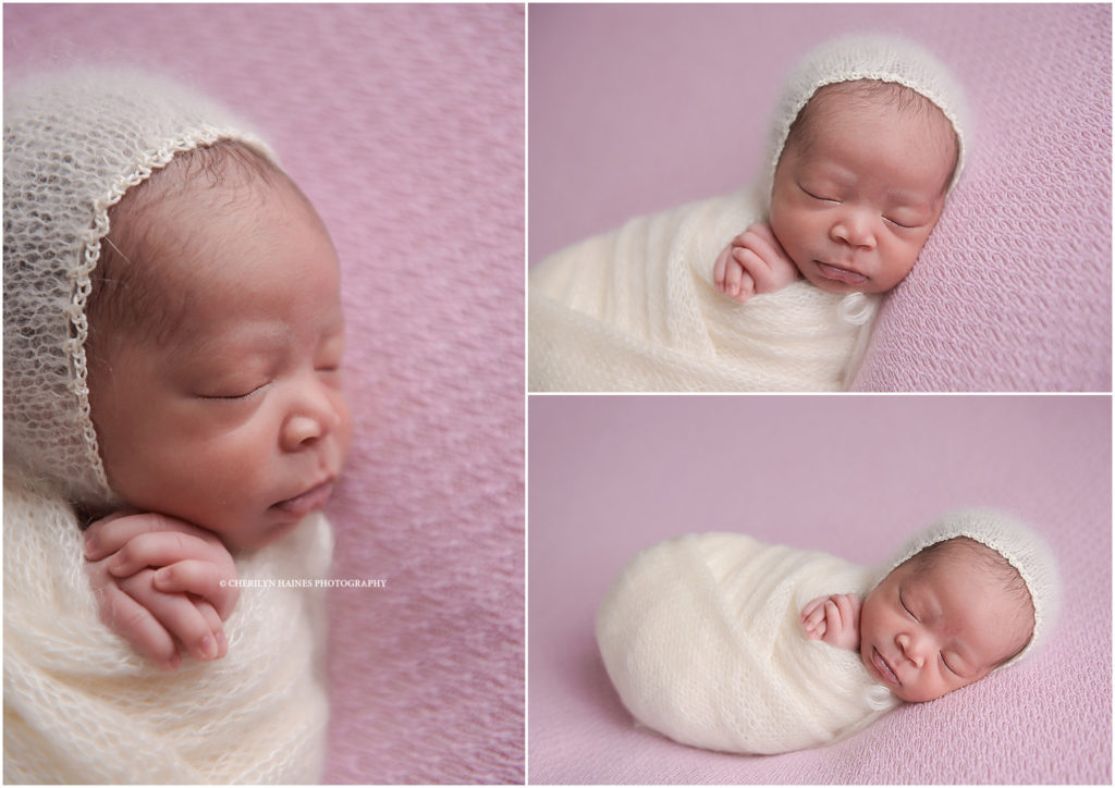 newborn baby girl photographed wearing ivory knit bonnet
