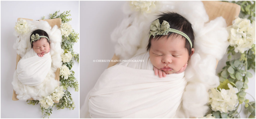 white floral setup for newborn photographers in lafayette, louisiana