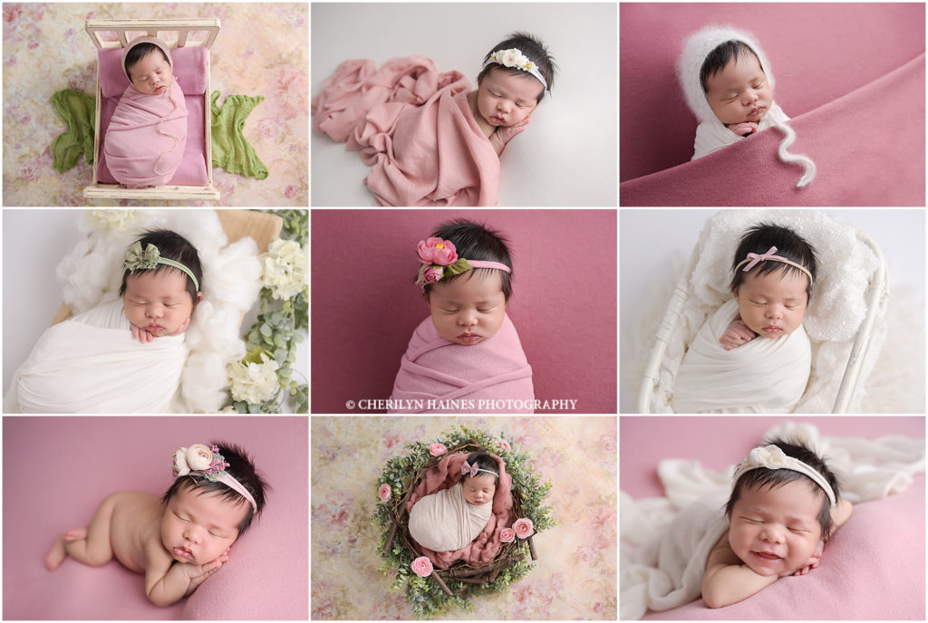 13 day old newborn baby girl photographed in baton rouge, louisiana by cherilyn haines photography; pink and white themed newborn portrait session