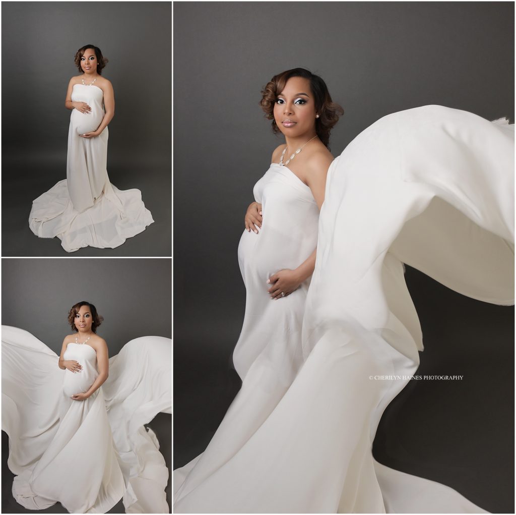 Cherilyn Haines Photography; fine art maternity portraits with white flowing fabric in Baton Rouge, Louisiana