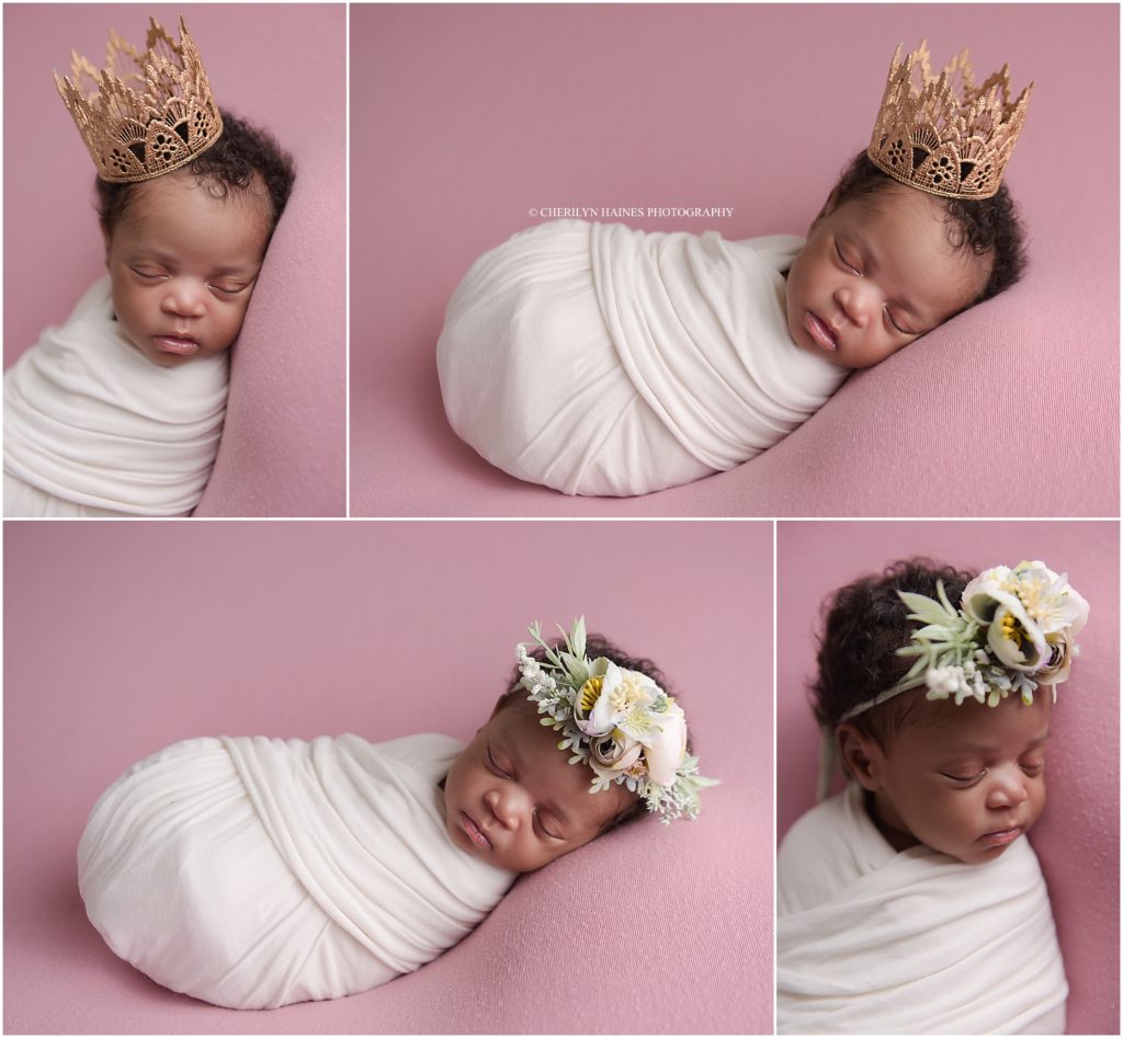 newborn baby girl wearing gold tiara