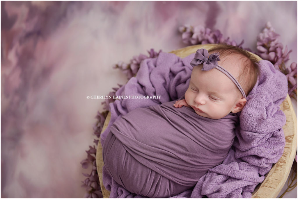 5 week old newborn baby girl photographed in purple swaddle; cherilyn haines photography