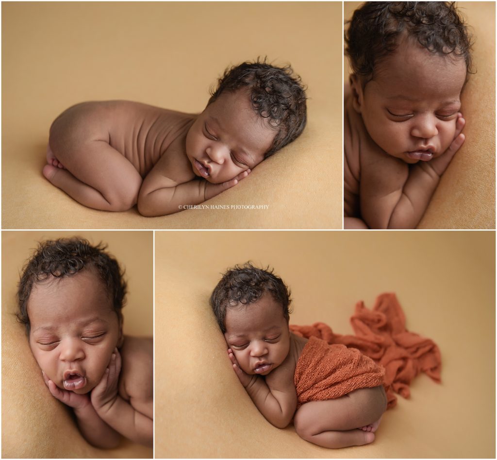 new orleans, la newborn portrait session; 2 week old baby boy posed on yellow fabric