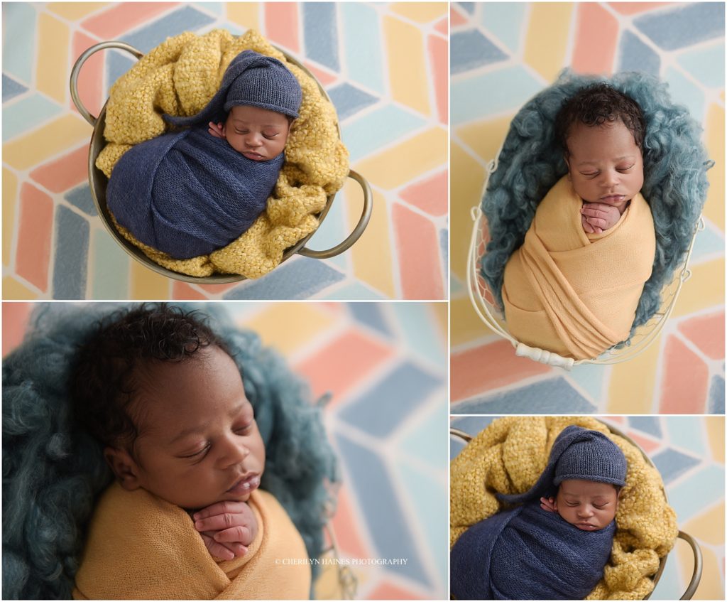 blue, orange, and yellow themed newborn portrait session in denham springs, louisiana