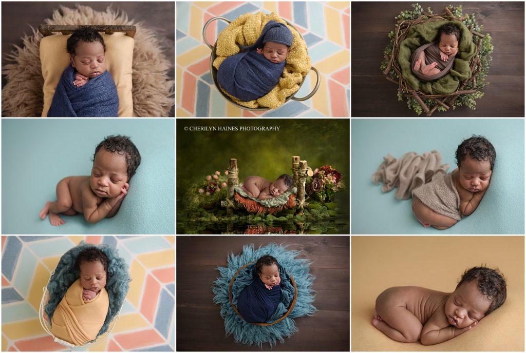 blue, orange, yellow, and green themed newborn portrait session in lafayette, la with cherilyn haines photography