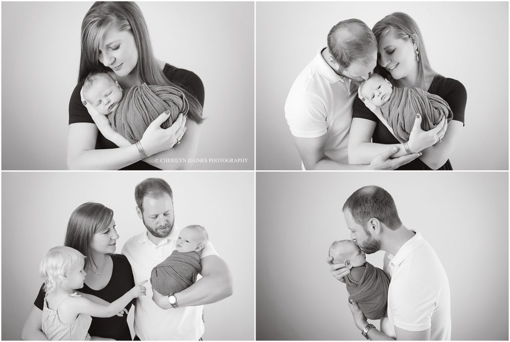 black and white pictures of mom, dad, and big sister with newborn baby boy