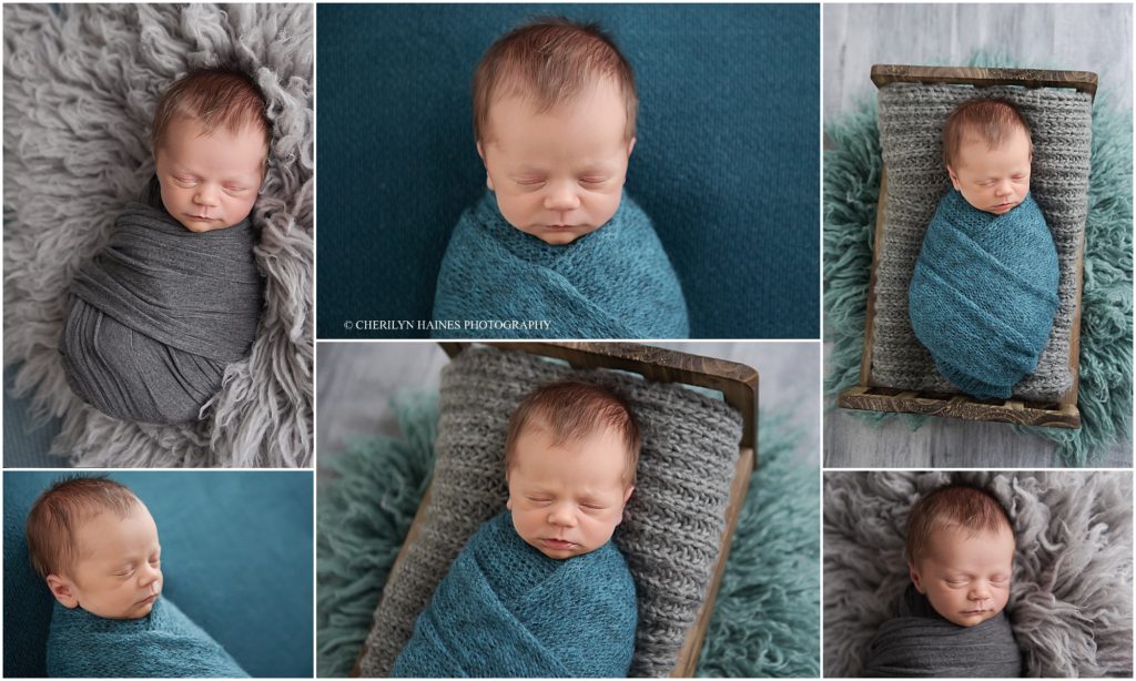 teal and gray themed newborn portrait session in baton rouge with cherilyn haines photography