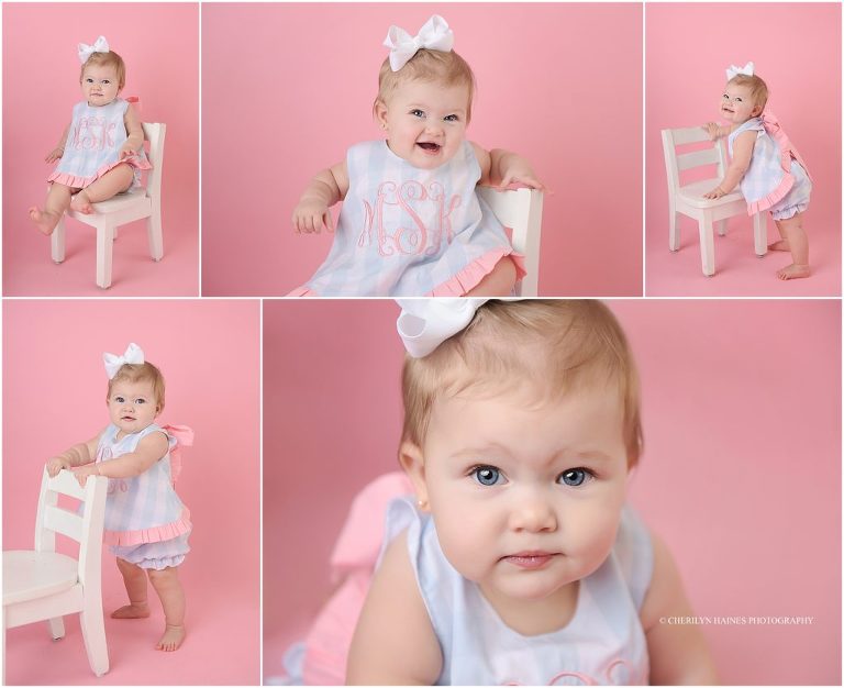simple, classic 1 year portraits on pink backdrop with cherilyn haines photography in baton rouge, louisiana
