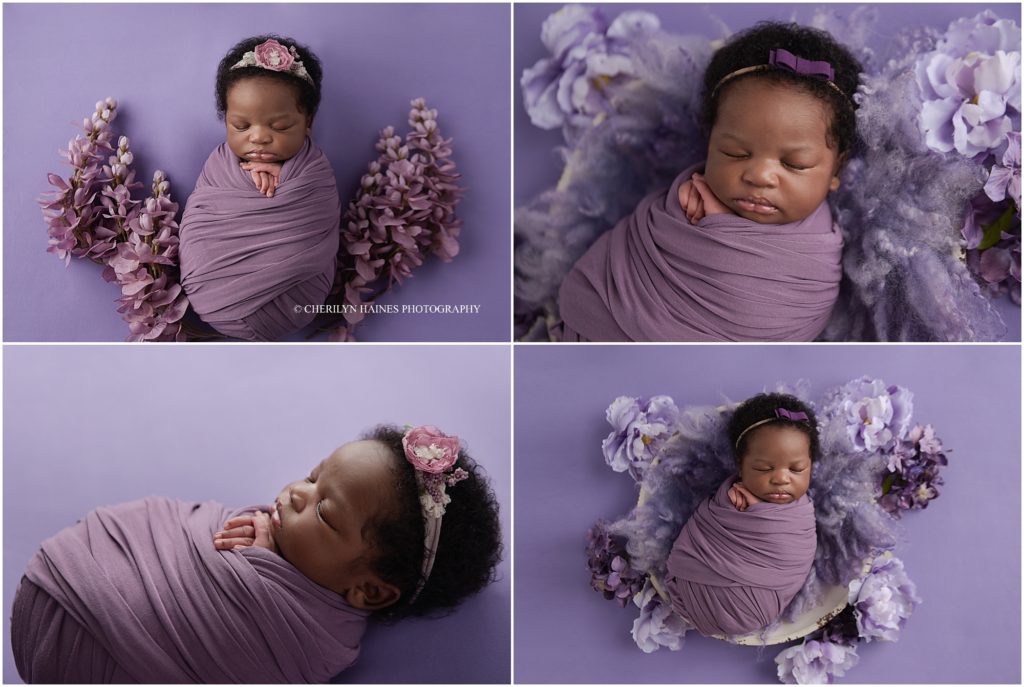 purple floral themed newborn session in denham springs, louisiana