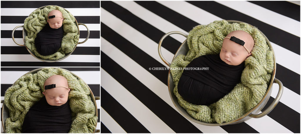 black and white striped newborn session with lime green accent colors
