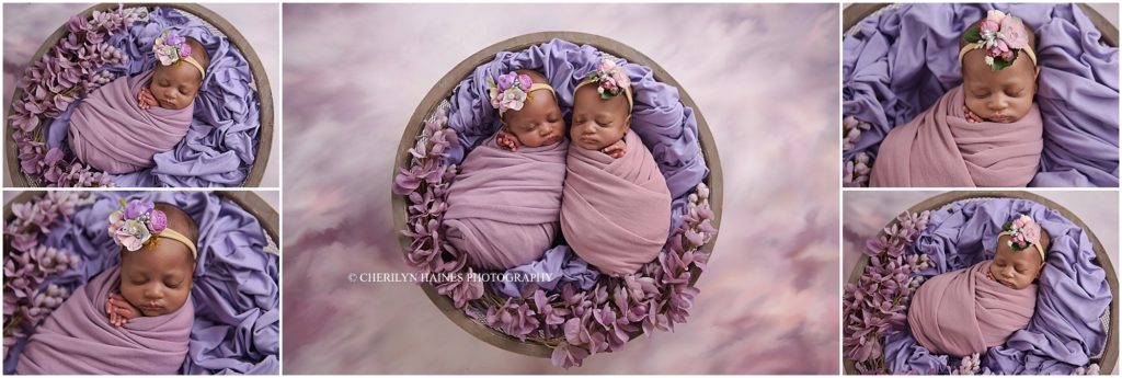 purple themed newborn twin session in louisiana
