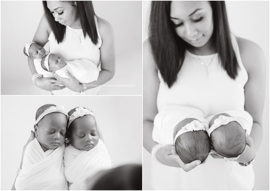 mom with newborn baby girls at photoshoot in baton rouge, louisiana