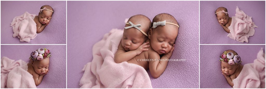 5 week old newborn girls photographed on purple blanket