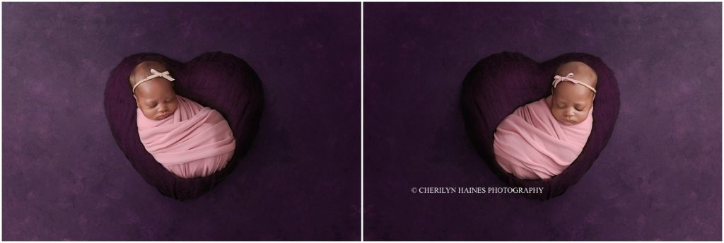 purple heart themed newborn twins portrait session