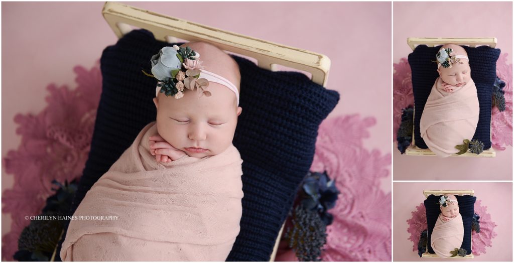 navy and pink themed newborn portrait session in baton rouge
