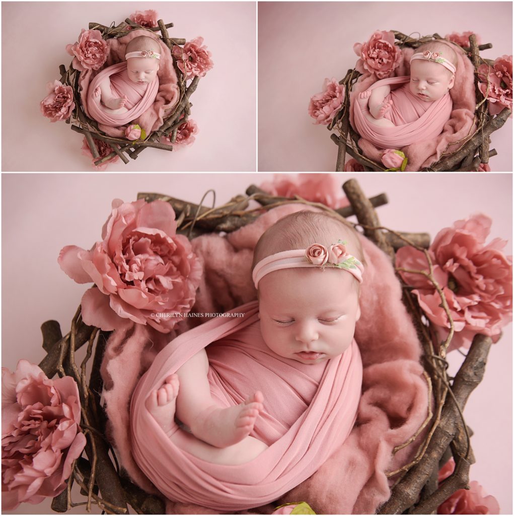 pink floral themed newborn portraits in baton rouge, louisiana