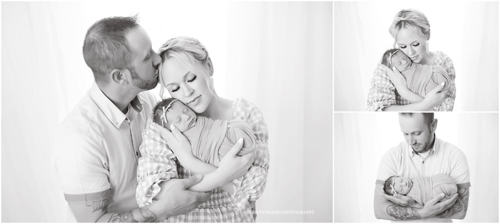 black and white portraits of newborn baby girl with mom and dad; photographed by cherilyn haines photography in denham springs, louisiana