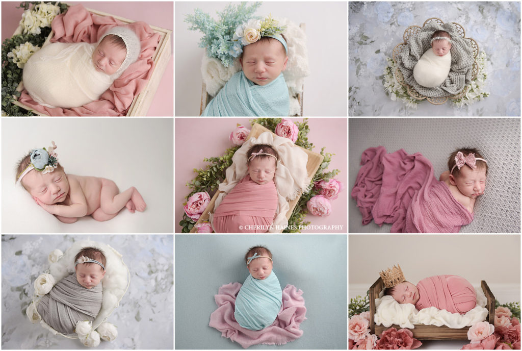 11 day old newborn baby girl photographed by cherilyn haines photography in baton rouge, louisiana; newborn session is styled in pinks, aquas, whites, and grays with lots of floral prints and faux floral accents