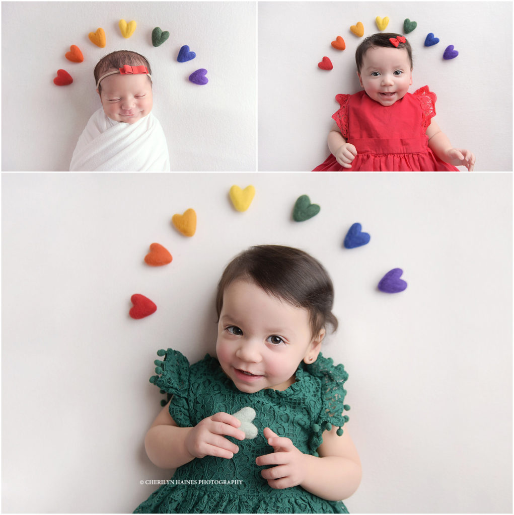 progression shot of baby as a newborn, 6 month old, and 1 year old with rainbow hearts; photographed by cherilyn haines photography in baton rouge, louisiana