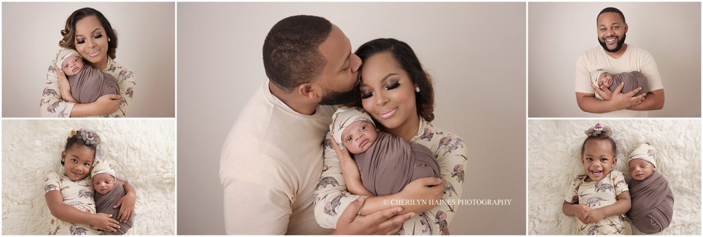 newborn baby boy posed with mom, dad, and two big sisters; cherilyn haines photography