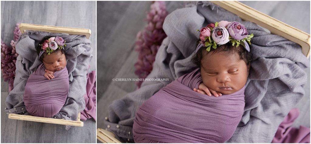 purple floral themed newborn portrait session in new orleans, louisiana with cherilyn haines photography