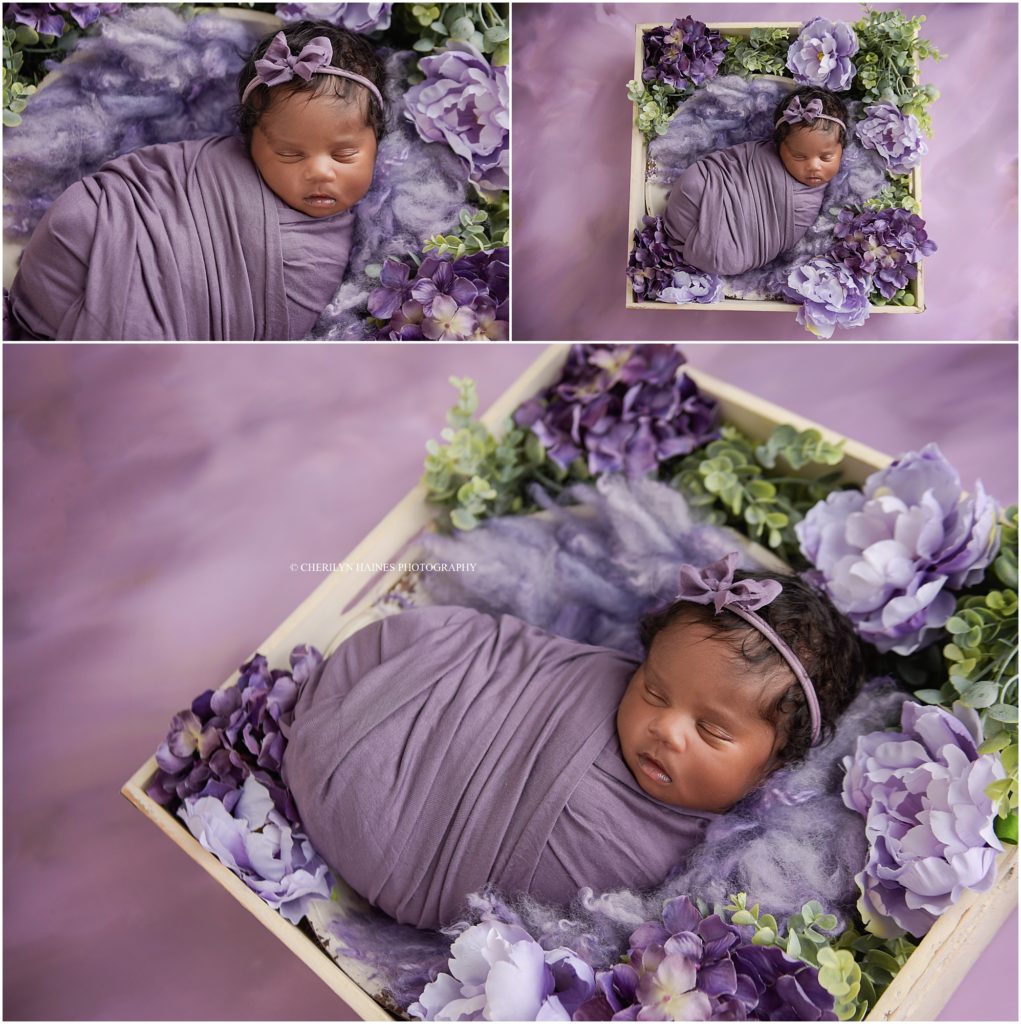 purple floral newborn portraits with cherilyn haines photography in new orleans, louisiana