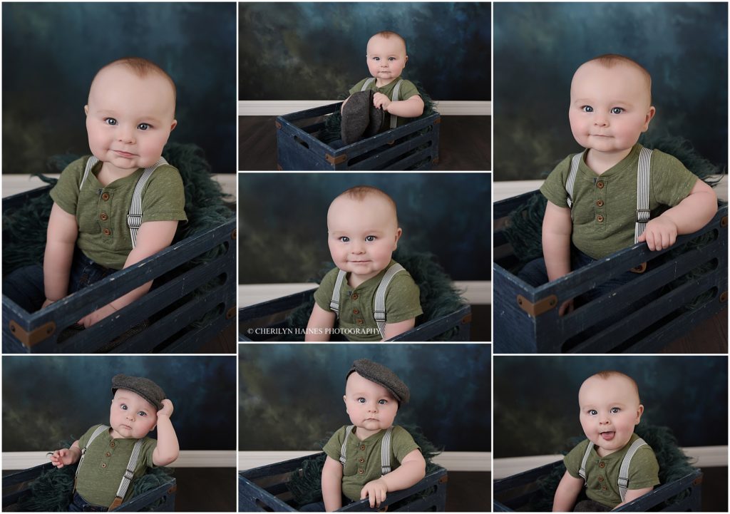 9 month old baby boy photographed wearing suspenders at photo session with cherilyn haines photography in denham springs, louisiana