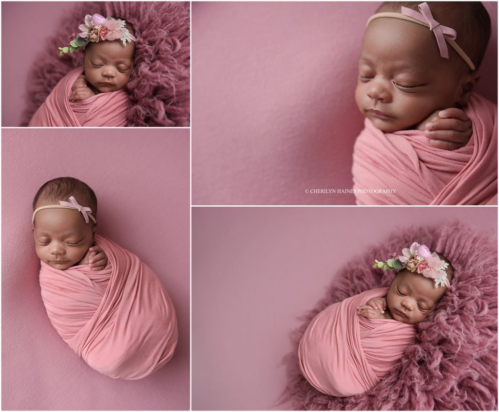 6 week old newborn baby girl photographed in pink swaddle by cherilyn haines photography in baton rouge, louisiana
