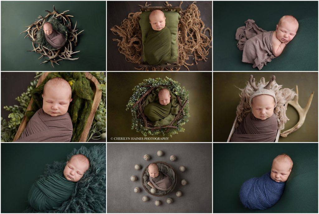 green and teal themed newborn portrait session photographed by cherilyn haines photography in baton rouge, louisiana; 9 day old baby boy was swaddled in different setups incorporating his dad's love of hunting and baseball